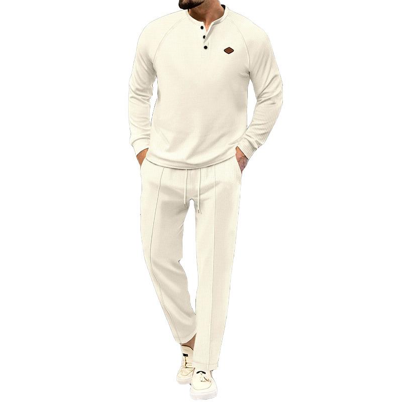 Men's Solid Color Waffle Henley Long Sleeve Pants Set 12318633Y