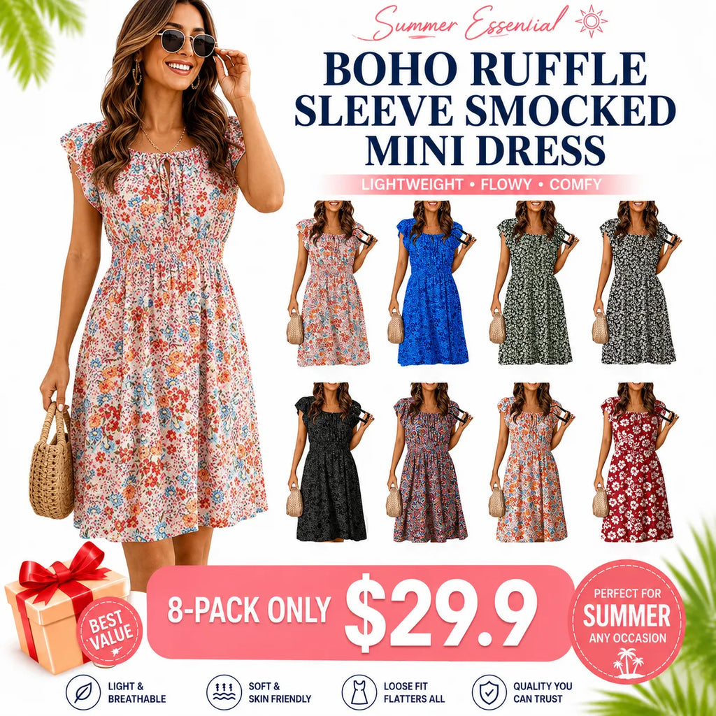 🔥2026 SUMMER DEAL🔥 Women‘s Boho Ruffle Sleeve Smocked Mini Dress
