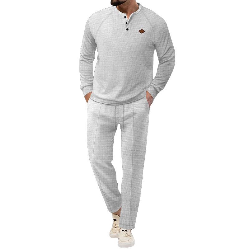 Men's Solid Color Waffle Henley Long Sleeve Pants Set 12318633Y