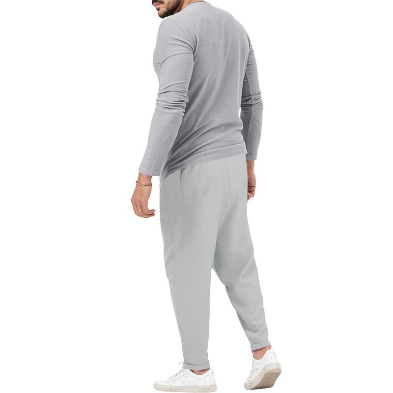 Men's Solid Color Casual Long Sleeve Henley T-Shirt Trouser Set 72706978X