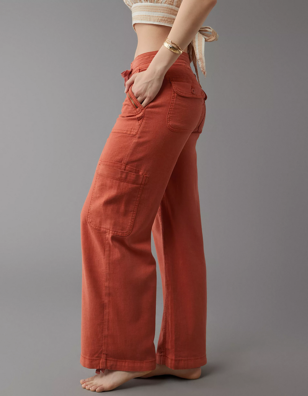Linen-Blend Wide-Leg Cargo Pant