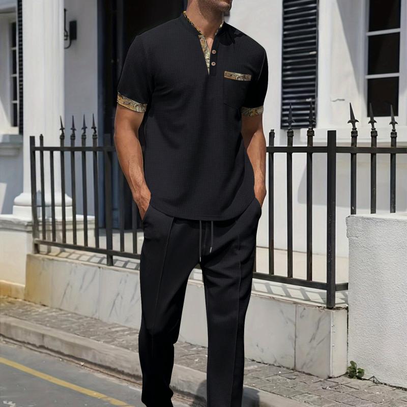 Men's Waffle Colorblock Short Sleeve T-Shirt and Pants Set 95966894Y