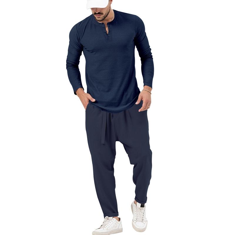 Men's Solid Color Casual Long Sleeve Henley T-Shirt Trouser Set 72706978X