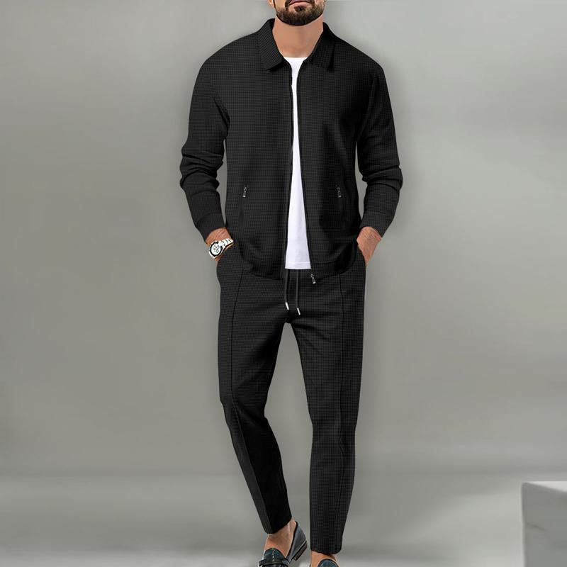 Men'S Solid Color Waffle Lapel Jacket And Pants Set 29554016Y