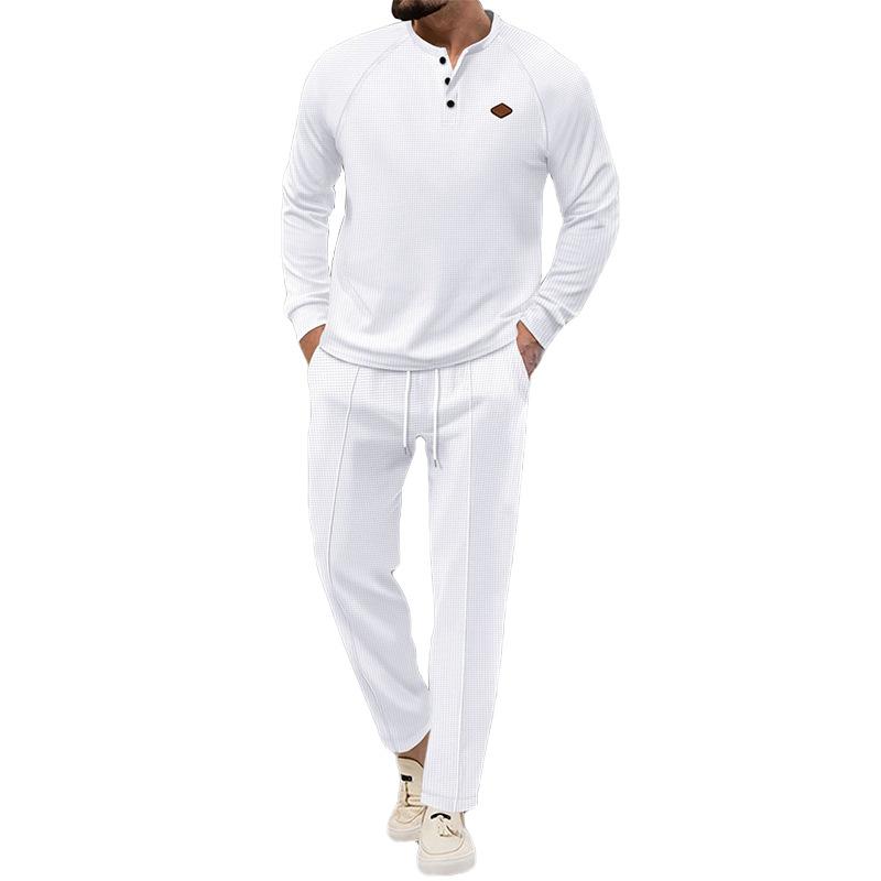Men's Solid Color Waffle Henley Long Sleeve Pants Set 12318633Y