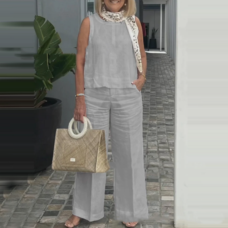 Women's Simple Breathable Suit - Round-Neck Sleeveless Top & Wide-Leg Pants