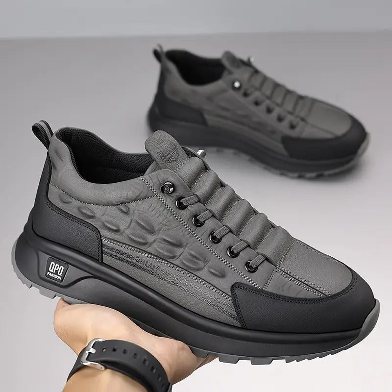 mens genuine leather casual sneakers black gray crocodile pattern thick rubber sole lace comfortable low top shoes for casual attire stylish streetwear style durable rubber sole - men's shoes - temu Temu