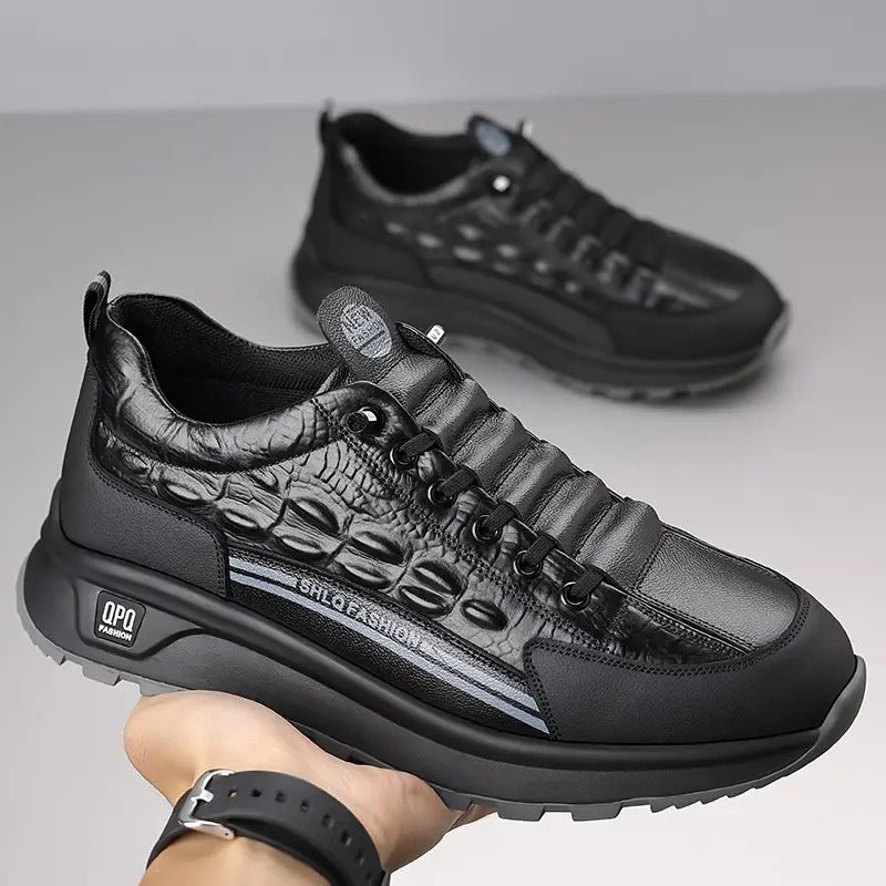 mens genuine leather casual sneakers black gray crocodile pattern thick rubber sole lace comfortable low top shoes for casual attire stylish streetwear style durable rubber sole - men's shoes - temu Temu