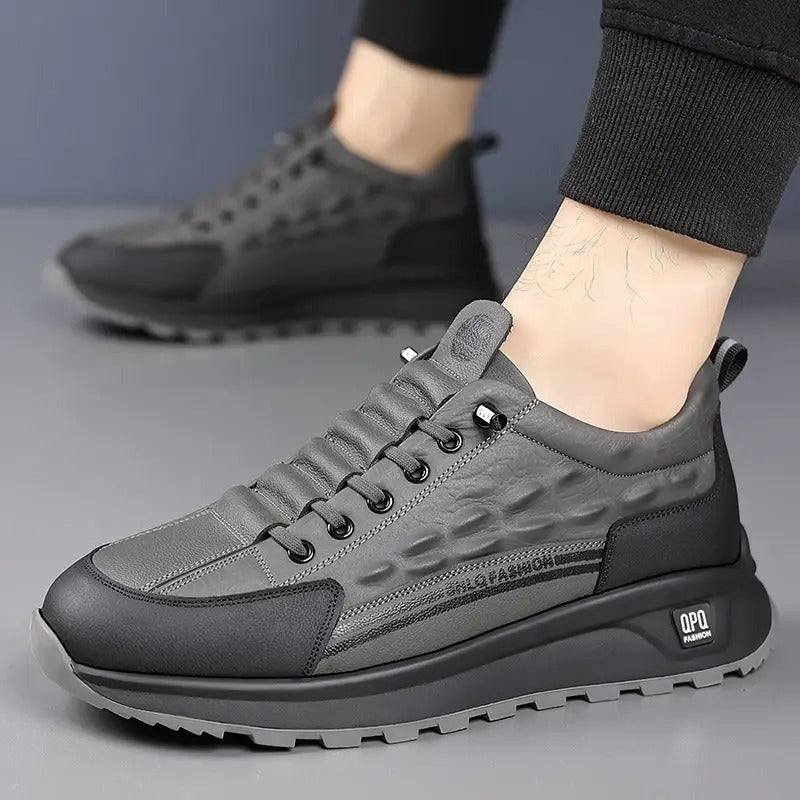 mens genuine leather casual sneakers black gray crocodile pattern thick rubber sole lace comfortable low top shoes for casual attire stylish streetwear style durable rubber sole - men's shoes - temu Temu