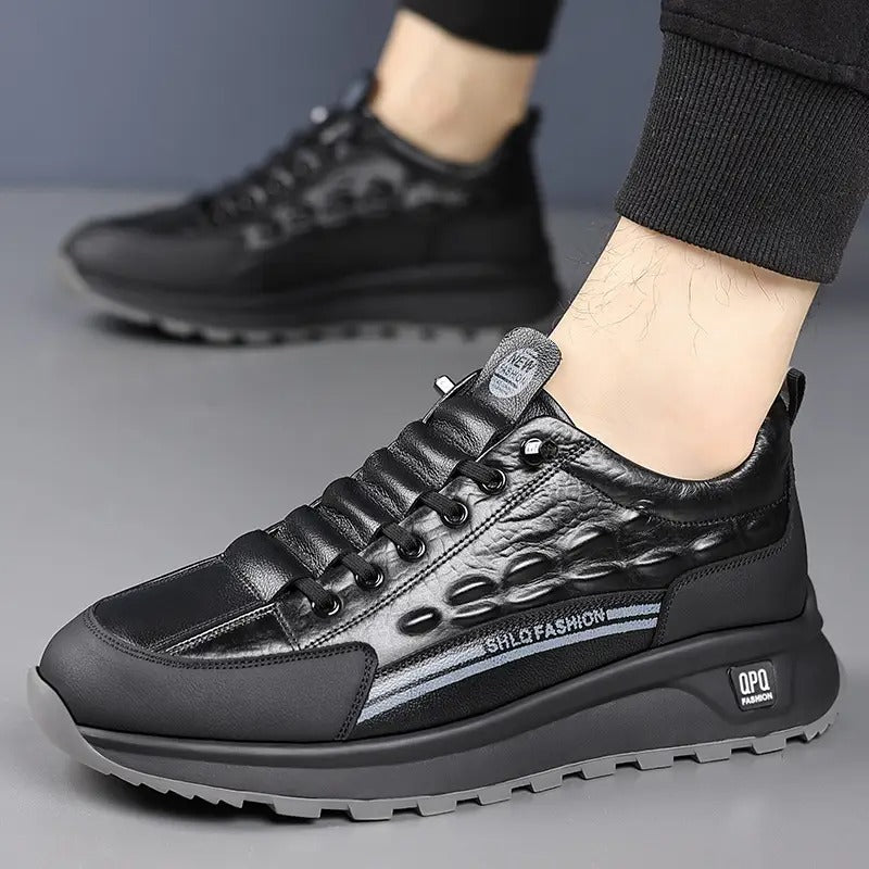 mens genuine leather casual sneakers black gray crocodile pattern thick rubber sole lace comfortable low top shoes for casual attire stylish streetwear style durable rubber sole - men's shoes - temu Temu