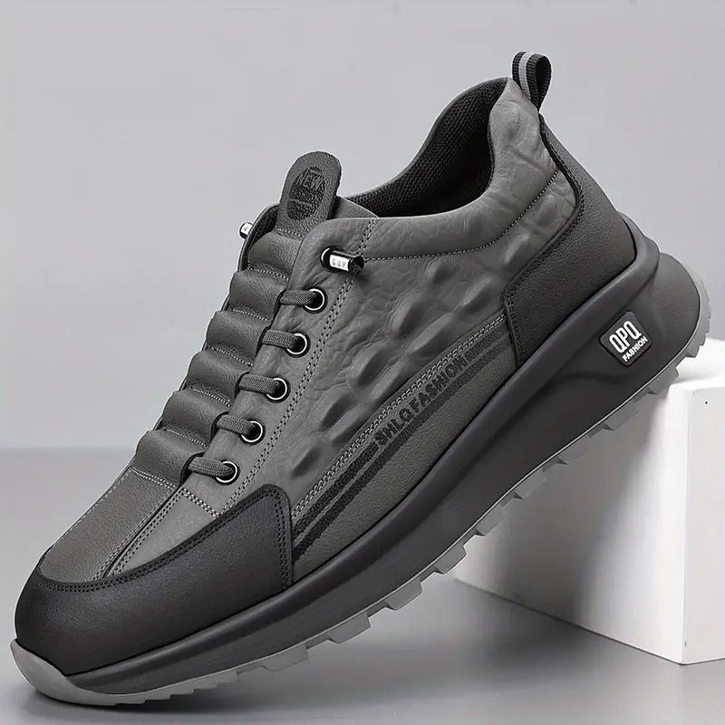 mens genuine leather casual sneakers black gray crocodile pattern thick rubber sole lace comfortable low top shoes for casual attire stylish streetwear style durable rubber sole - men's shoes - temu Temu