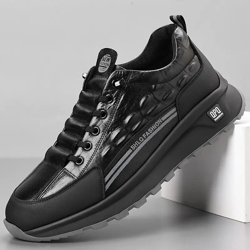 mens genuine leather casual sneakers black gray crocodile pattern thick rubber sole lace comfortable low top shoes for casual attire stylish streetwear style durable rubber sole - men's shoes - temu Temu