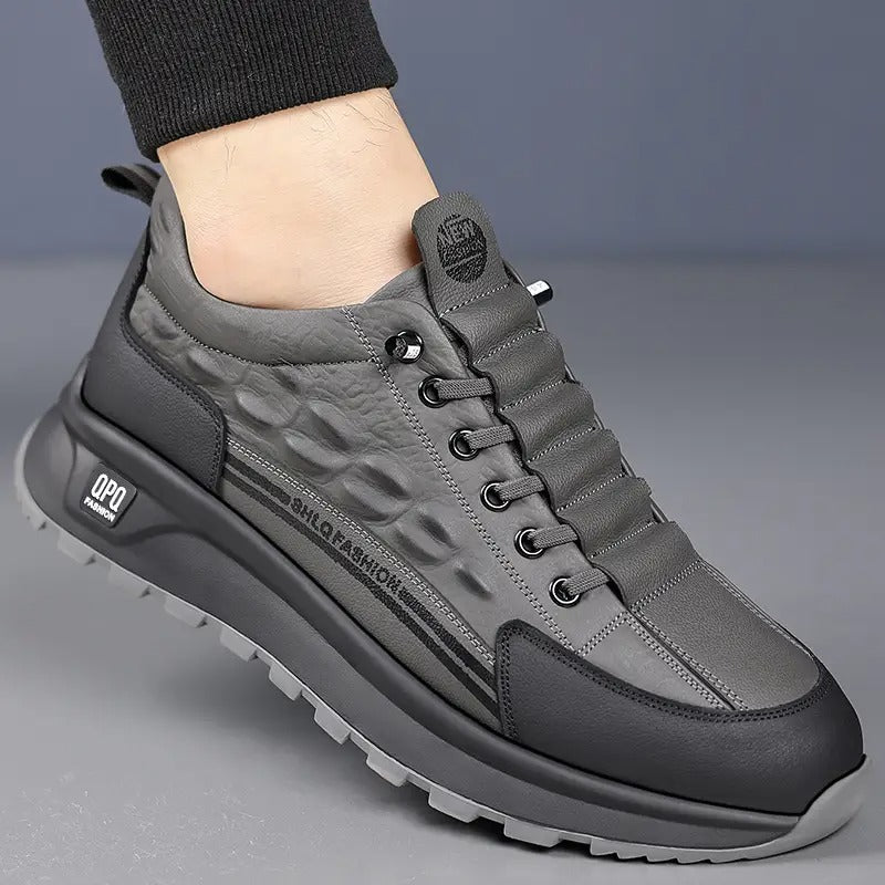 mens genuine leather casual sneakers black gray crocodile pattern thick rubber sole lace comfortable low top shoes for casual attire stylish streetwear style durable rubber sole - men's shoes - temu Temu
