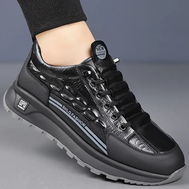 mens genuine leather casual sneakers black gray crocodile pattern thick rubber sole lace comfortable low top shoes for casual attire stylish streetwear style durable rubber sole - men's shoes - temu Temu